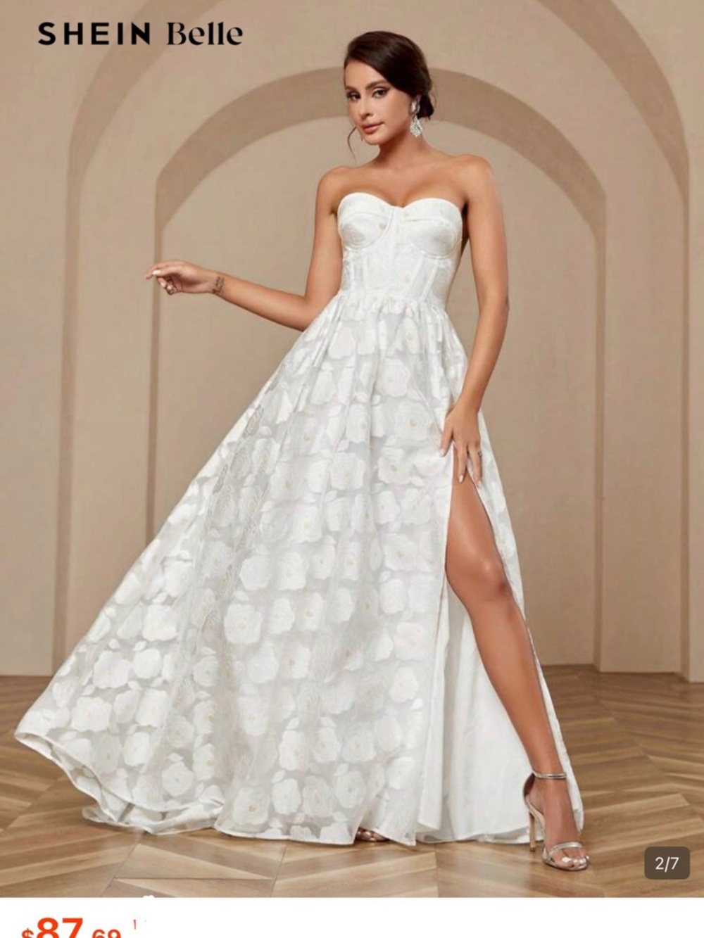 SHEIN White Strapless Floral A-Line Evening Gown with Side Slit